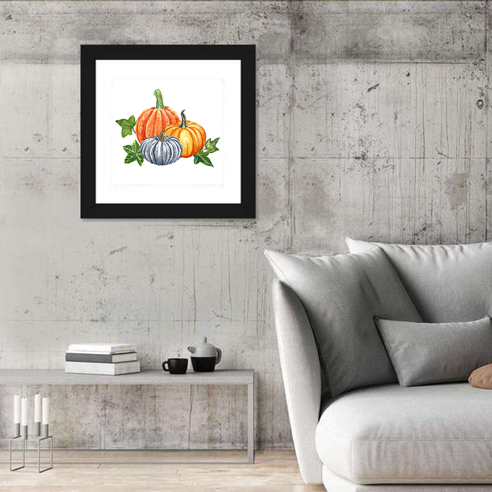 Festive Pumpkin Trio Watercolor Wall Art in a room, square