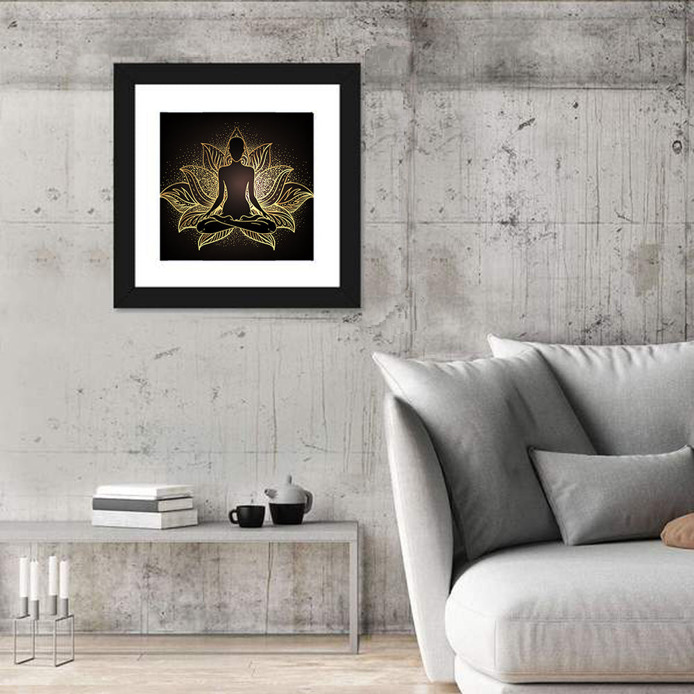 Golden Chakra Silhouette Wall Art in a room, square