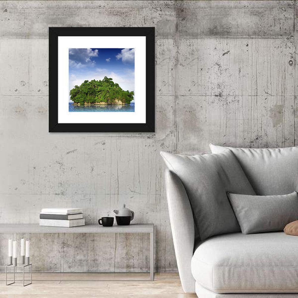 Tranquil Tropical Island Reflection Wall Art in a room, square