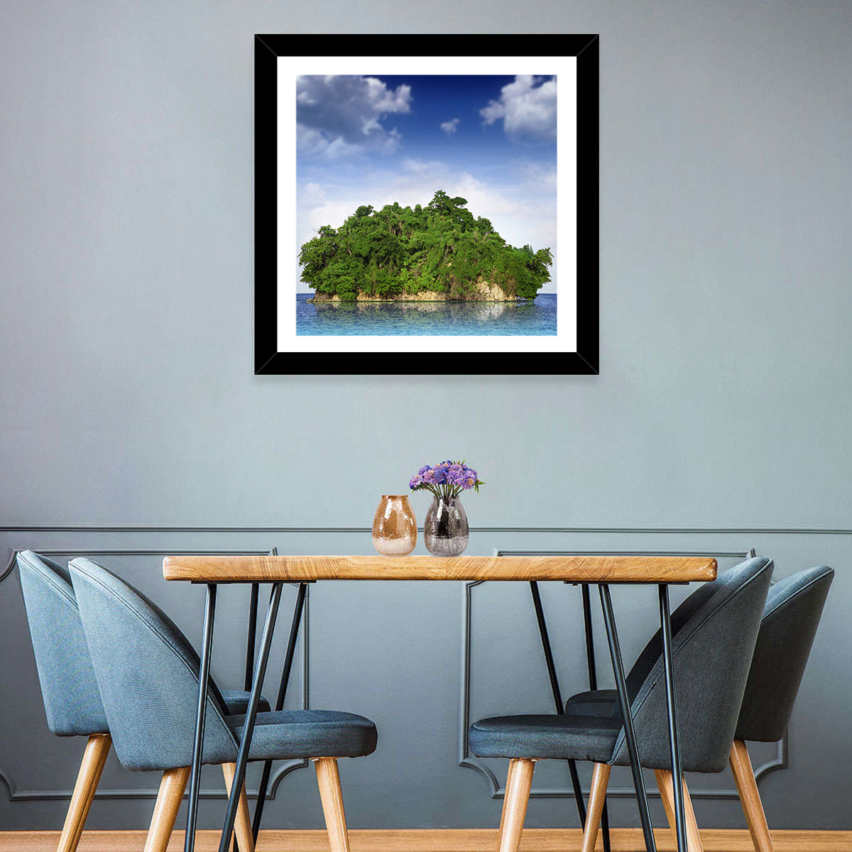 Tranquil Tropical Island Reflection Wall Art in a room, square