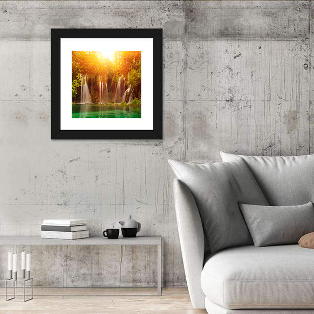 Plitvice Lakes Waterfalls Wall Art in a room, square