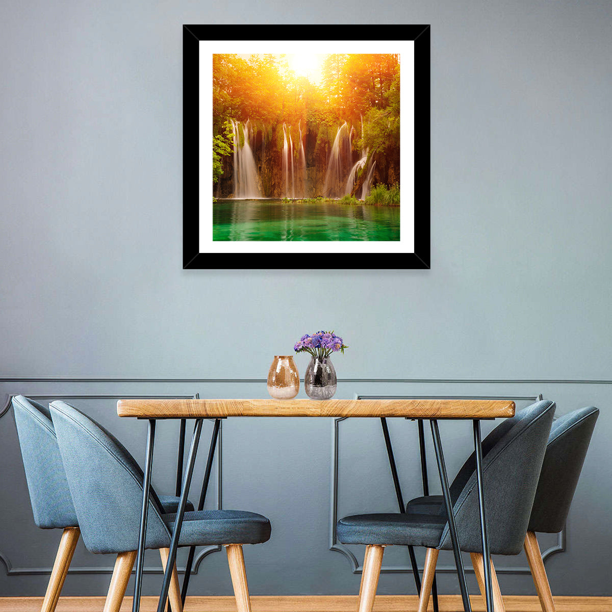 Plitvice Lakes Waterfalls Wall Art in a room, square