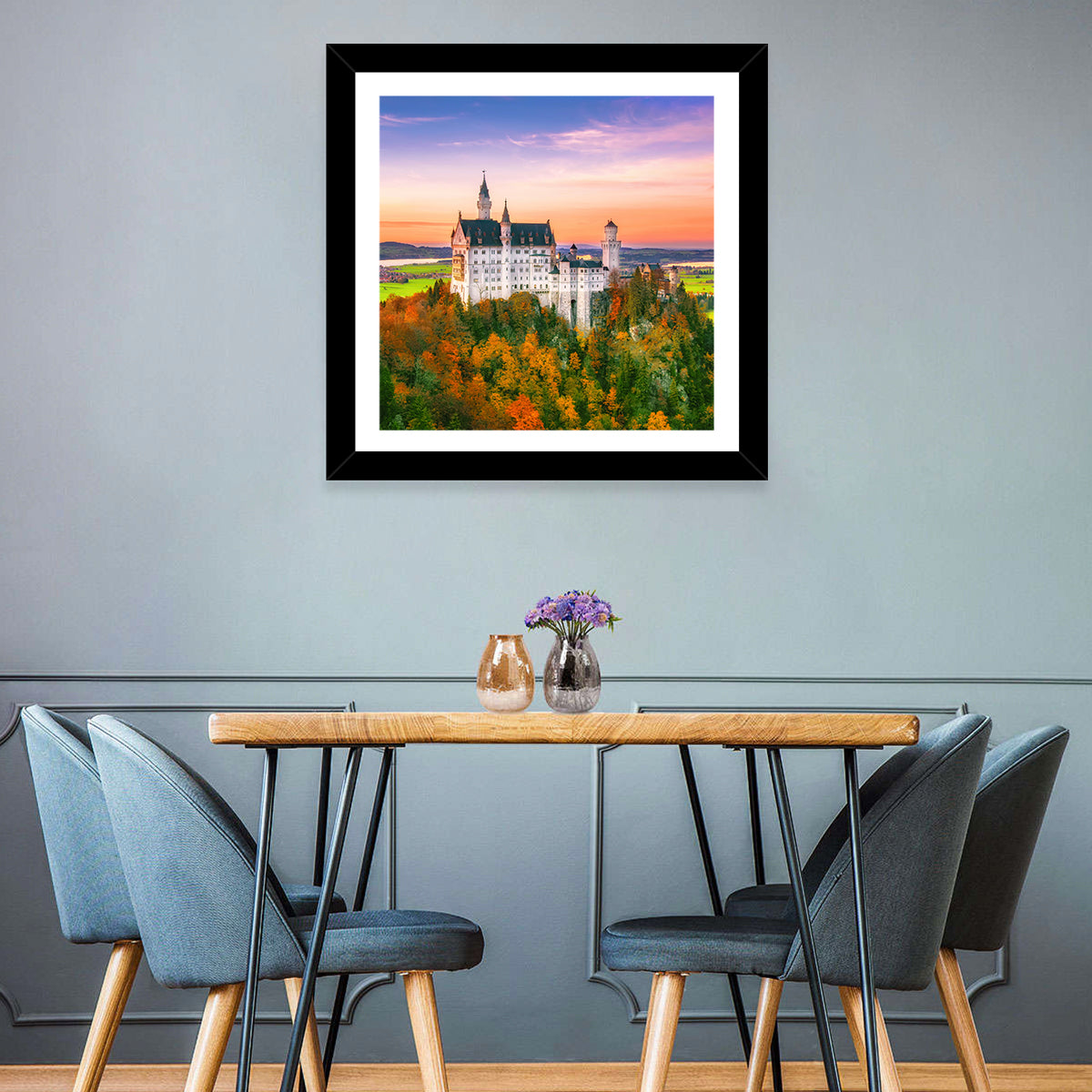 Neuschwanstein Castle at Autumn Sunset Wall Art in a room, square