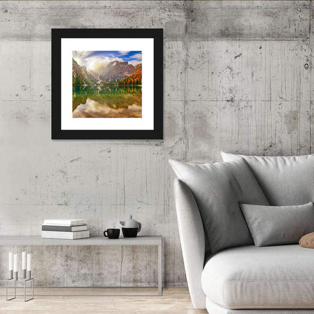 Lago Di Braies Sunrise Wall Art in a room, square
