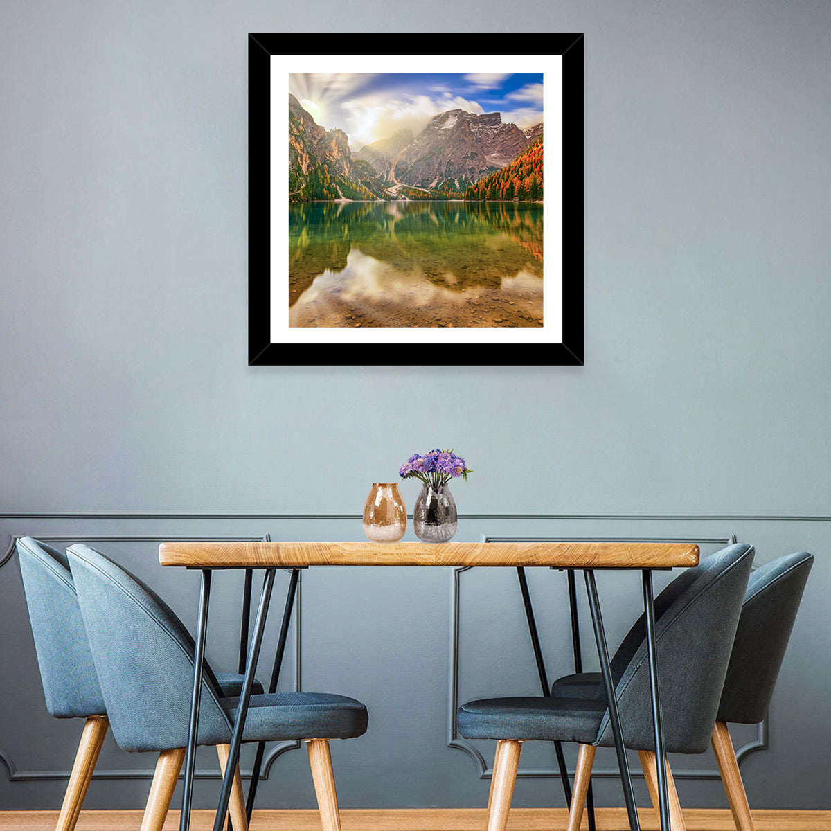 Lago Di Braies Sunrise Wall Art in a room, square