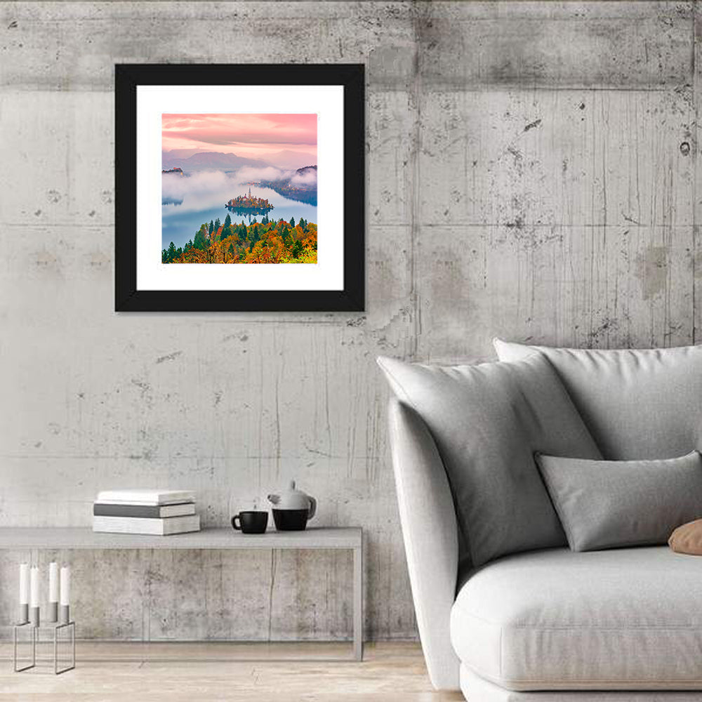 Misty Morning Over Lake Bled Wall Art in a room, square