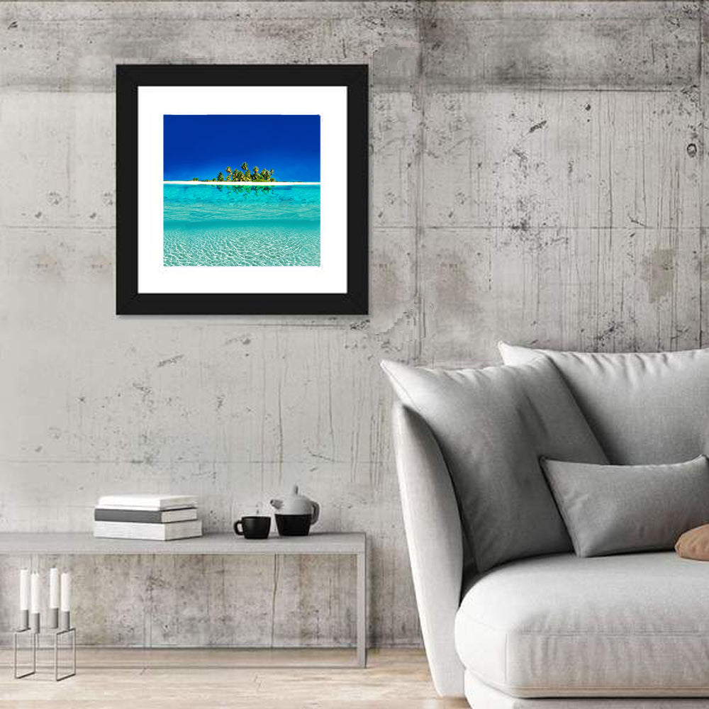 Tranquil Split-level Tropical Island Seascape Wall Art in a room, square