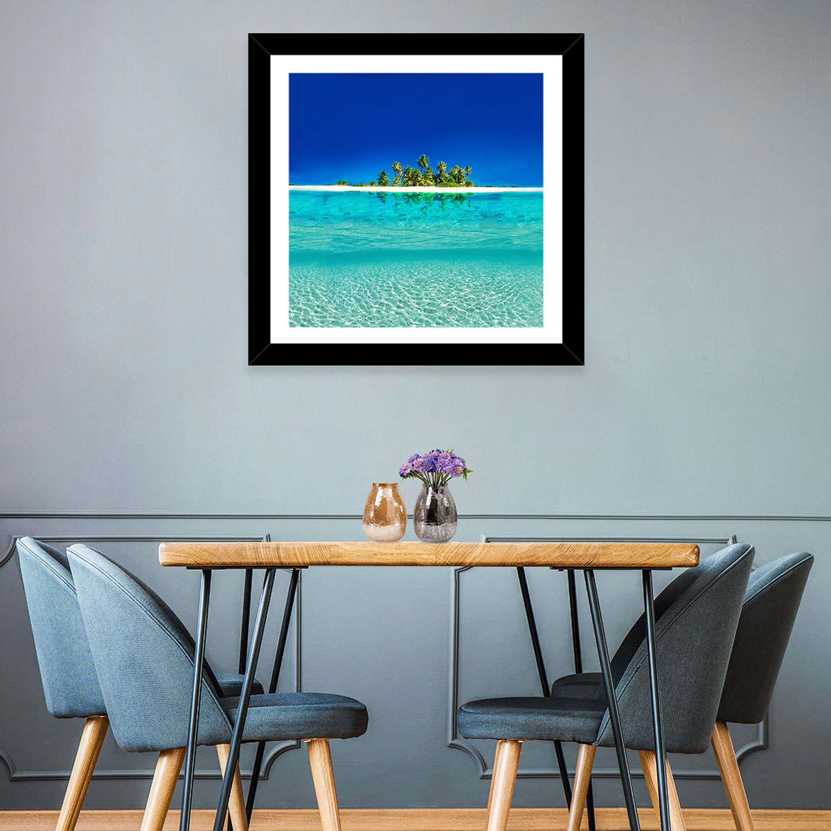 Tranquil Split-level Tropical Island Seascape Wall Art in a room, square