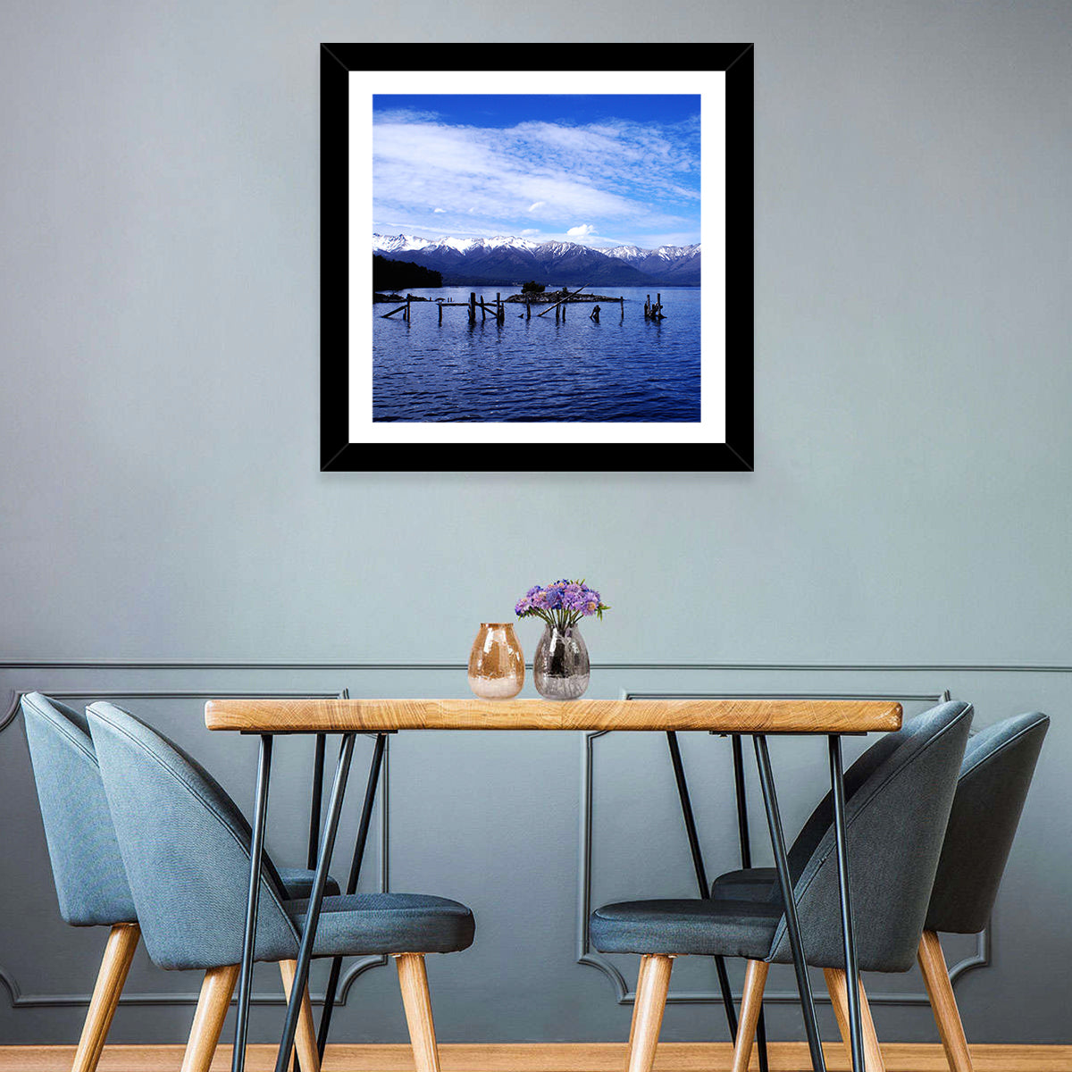 Nahuel Huapi Lake with Wooden Pilings Wall Art in a room, square