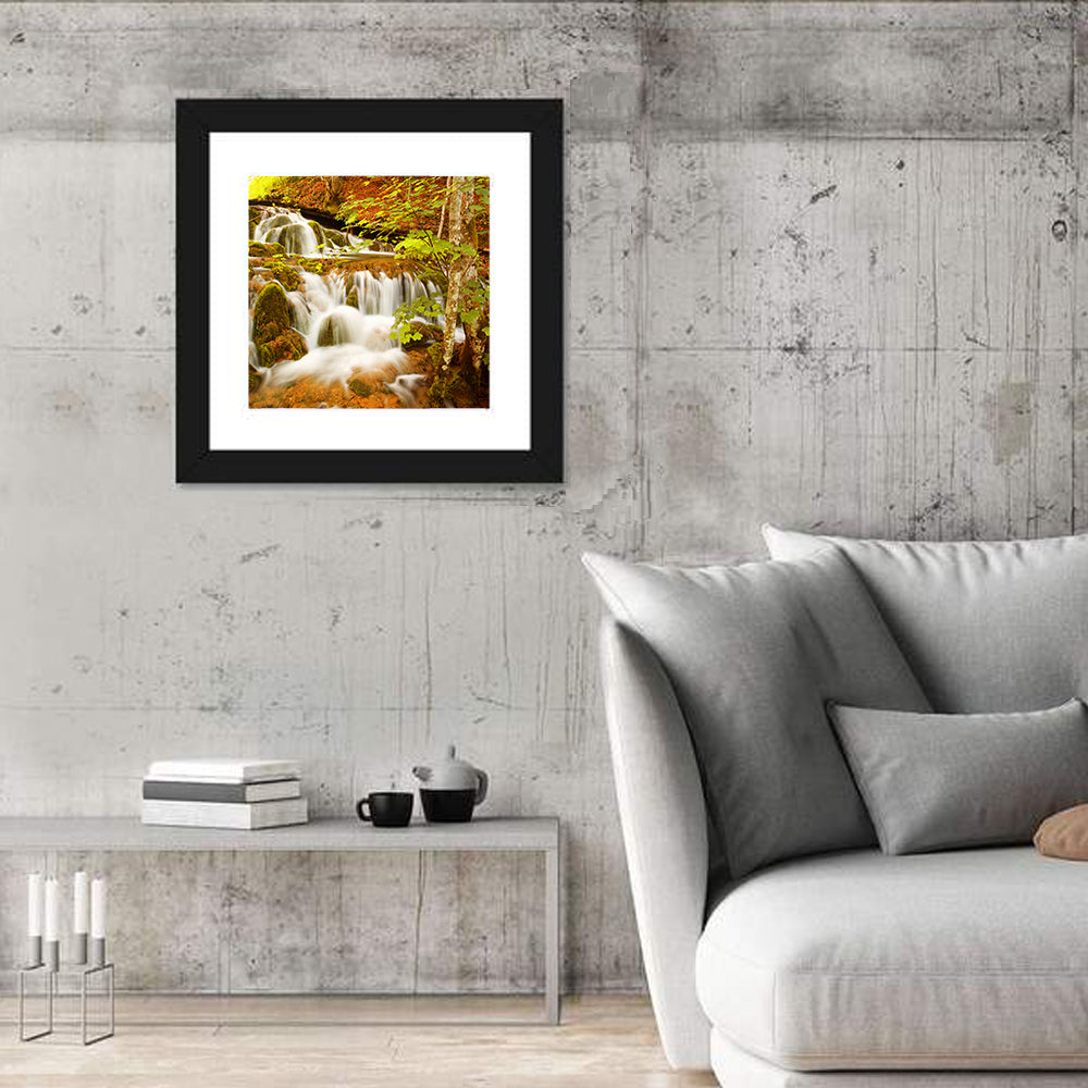 Plitvice Autumn Stream Wall Art in a room, square