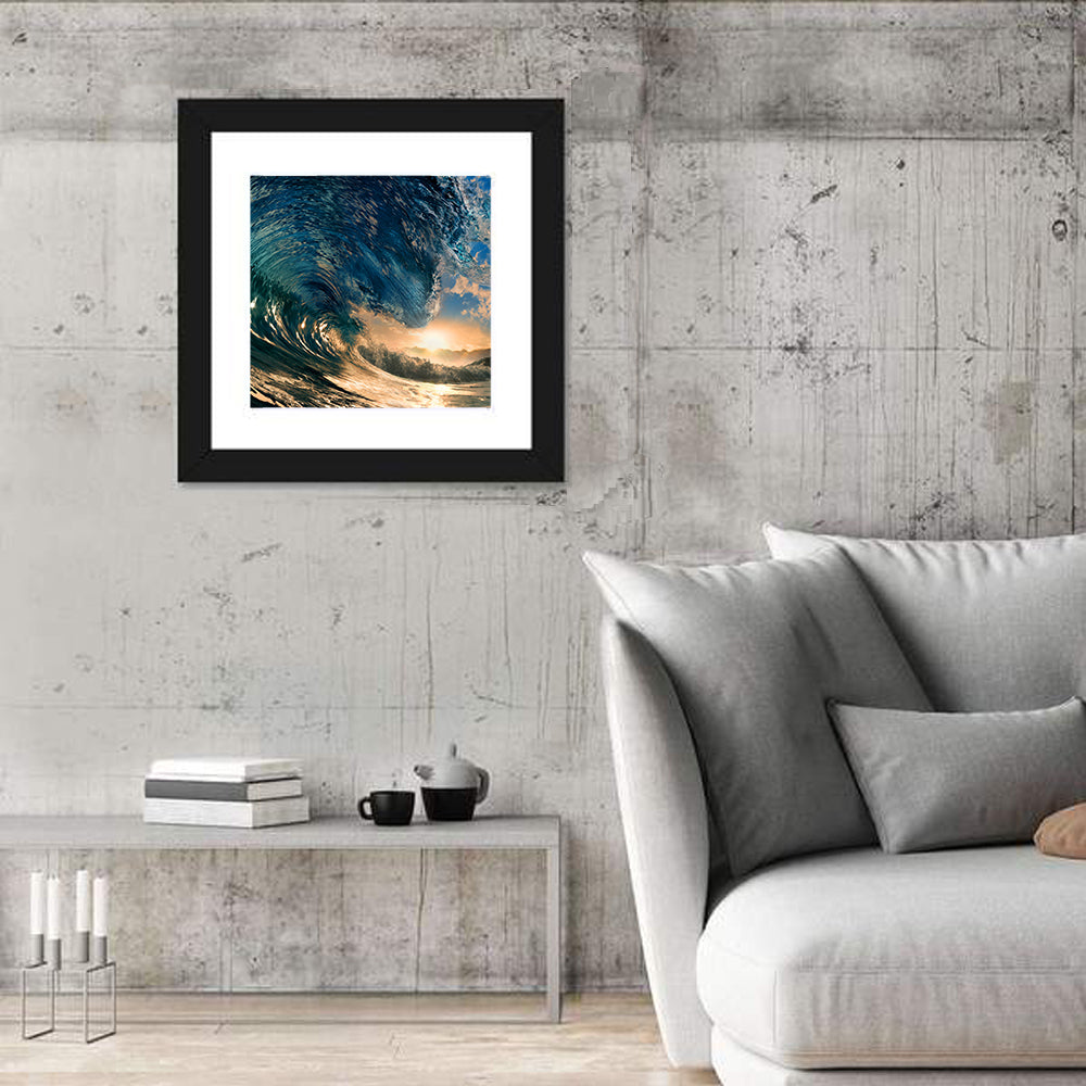 Sunset Barrel Wave Wall Art in a room, square