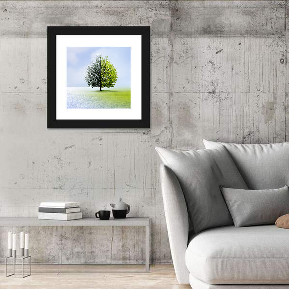 Winter to Spring Tree Wall Art in a room, square