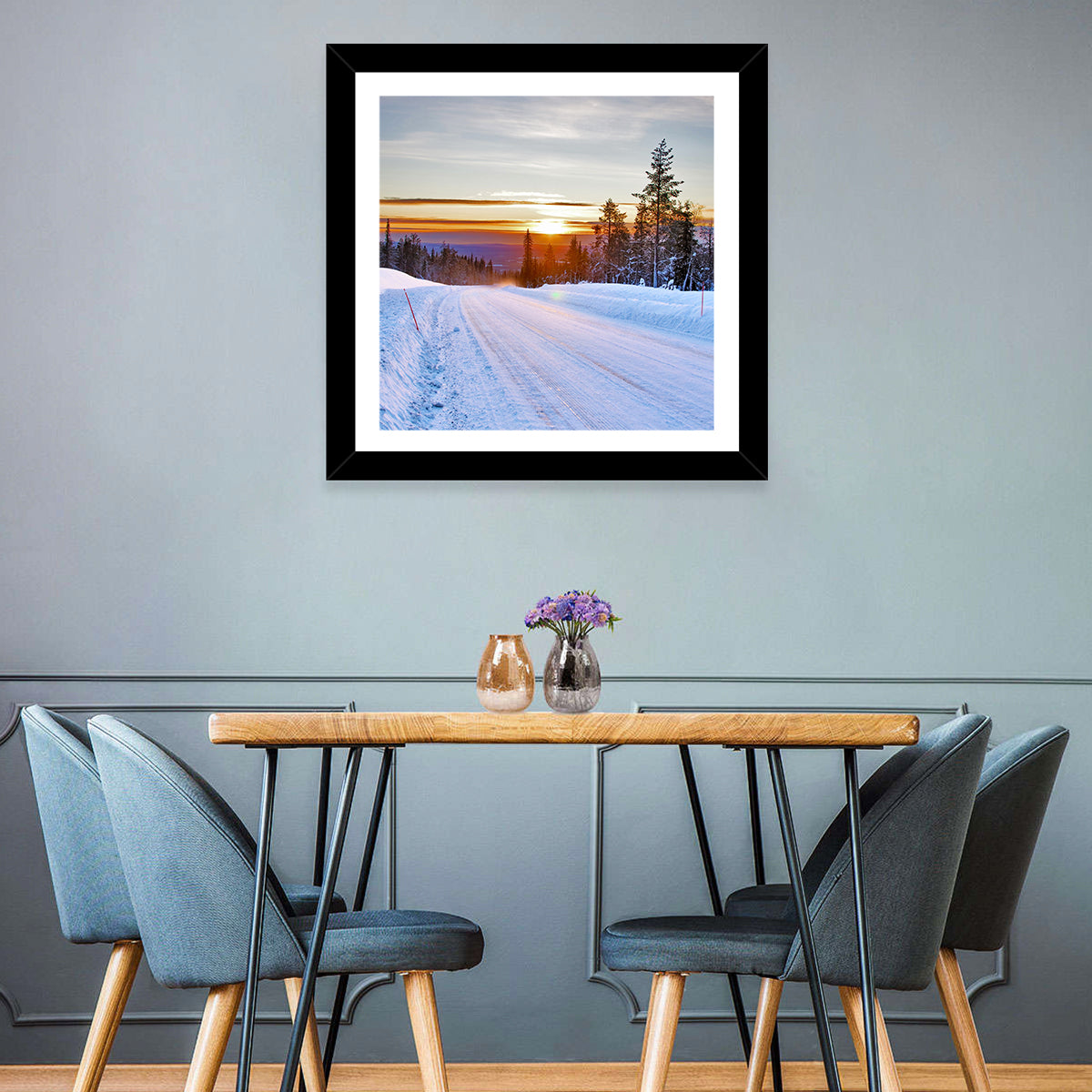 Snowy Road at Sunset Wall Art in a room, square