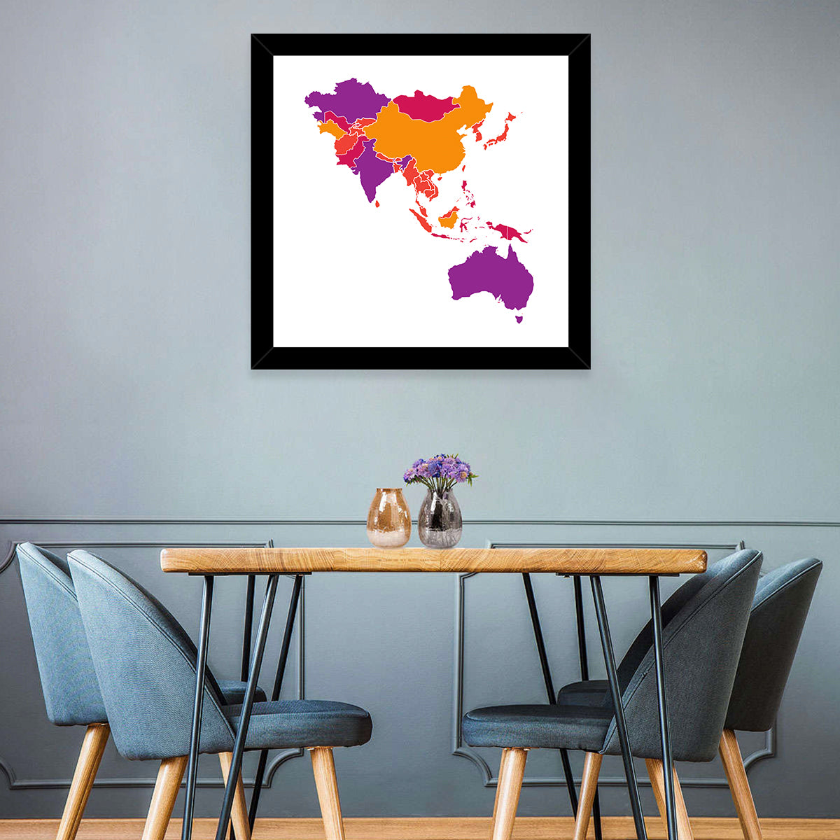 Stylized Asia Pacific Map Wall Art in a room, square