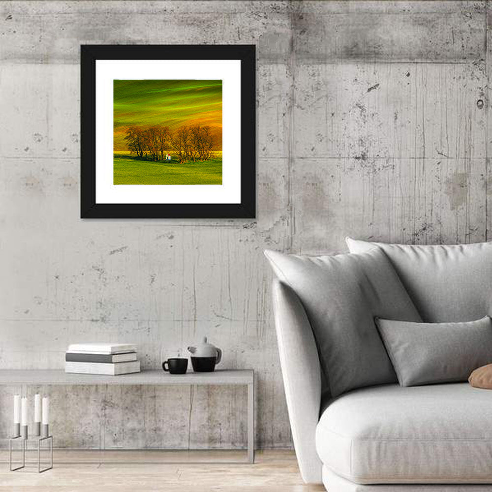 Moravian Wheat Fields with Chapel Wall Art in a room, square