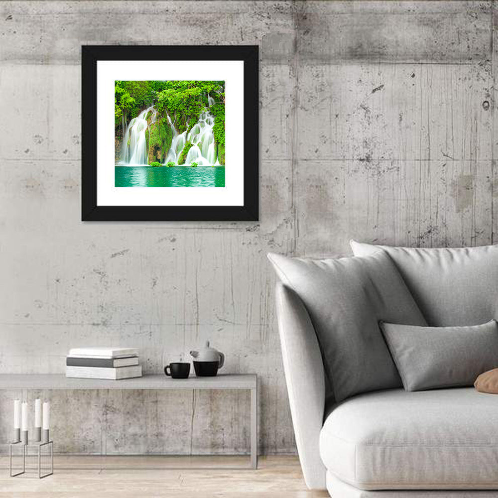 Plitvice Lakes Cascades Wall Art in a room, square