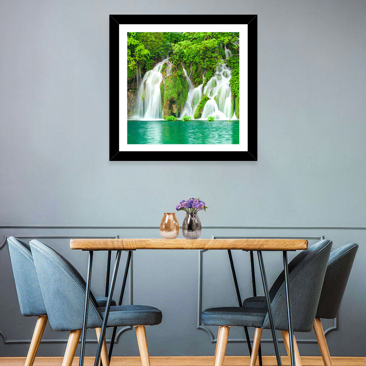 Plitvice Lakes Cascades Wall Art in a room, square