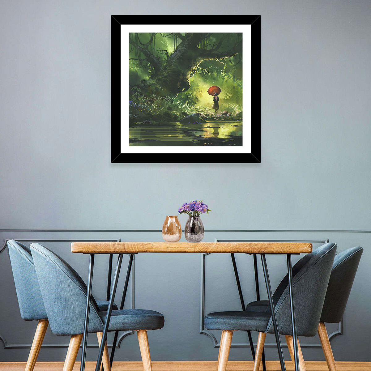 Girl with Umbrella in Mysterious Forest Wall Art in a room, square