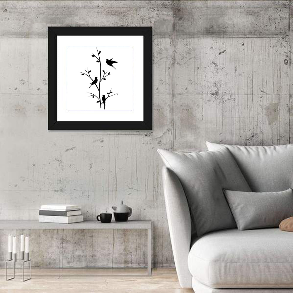 Three Birds on Branch Silhouette Wall Art in a room, square