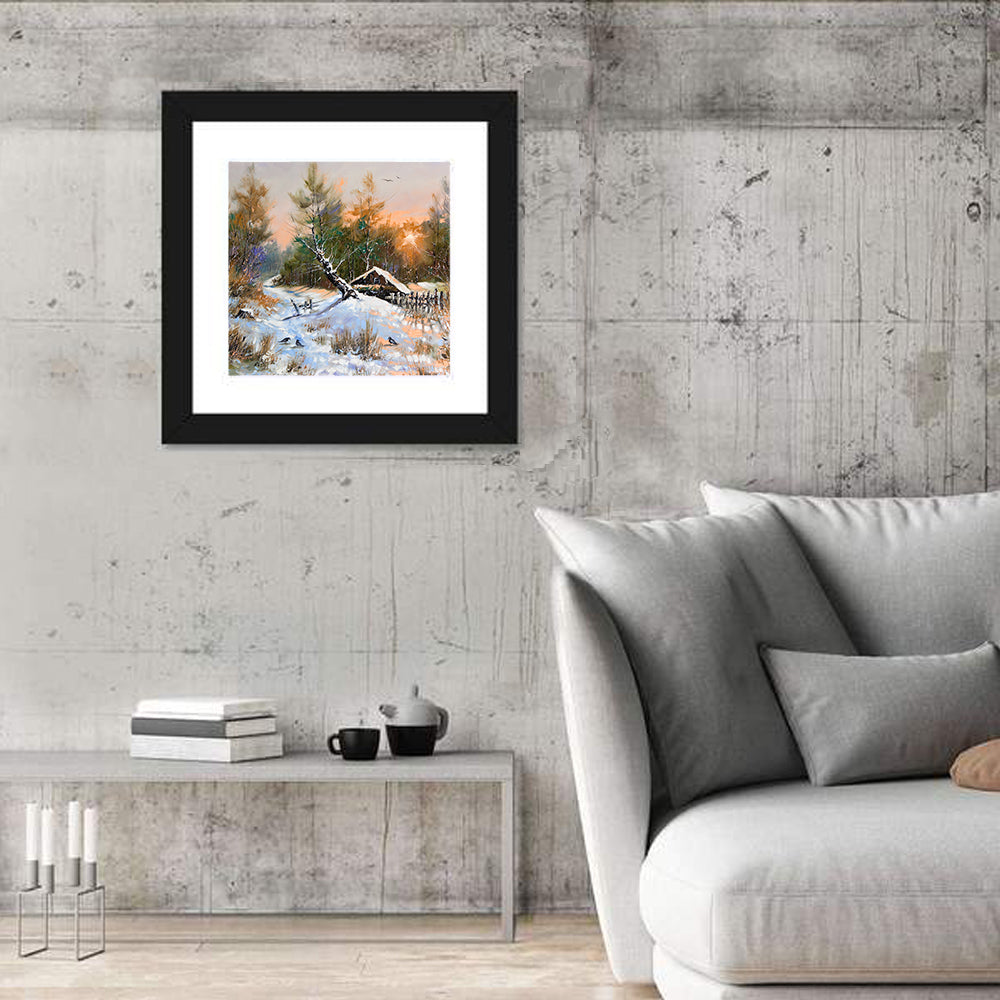 Winter Forest Path with Cabin Wall Art