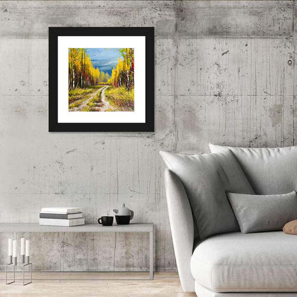 Autumn Birch Path with Two Birds Wall Art in a room, square