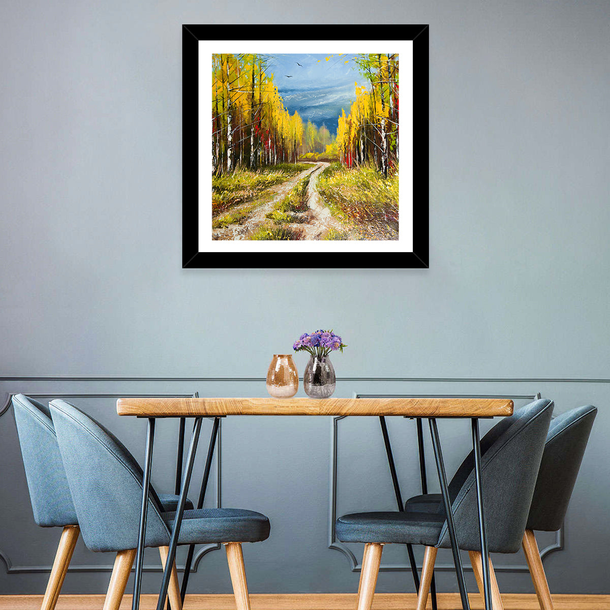 Autumn Birch Path with Two Birds Wall Art in a room, square