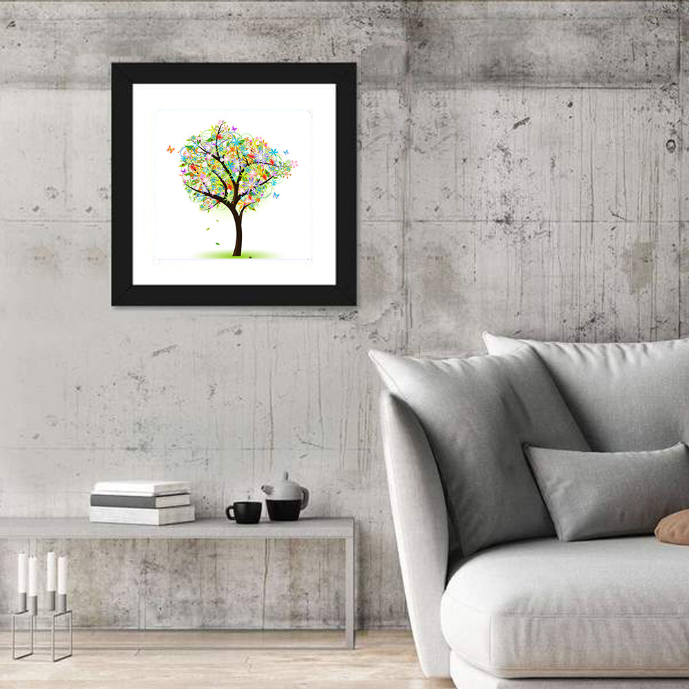 Whimsical Floral Tree Illustration Wall Art in a room, square