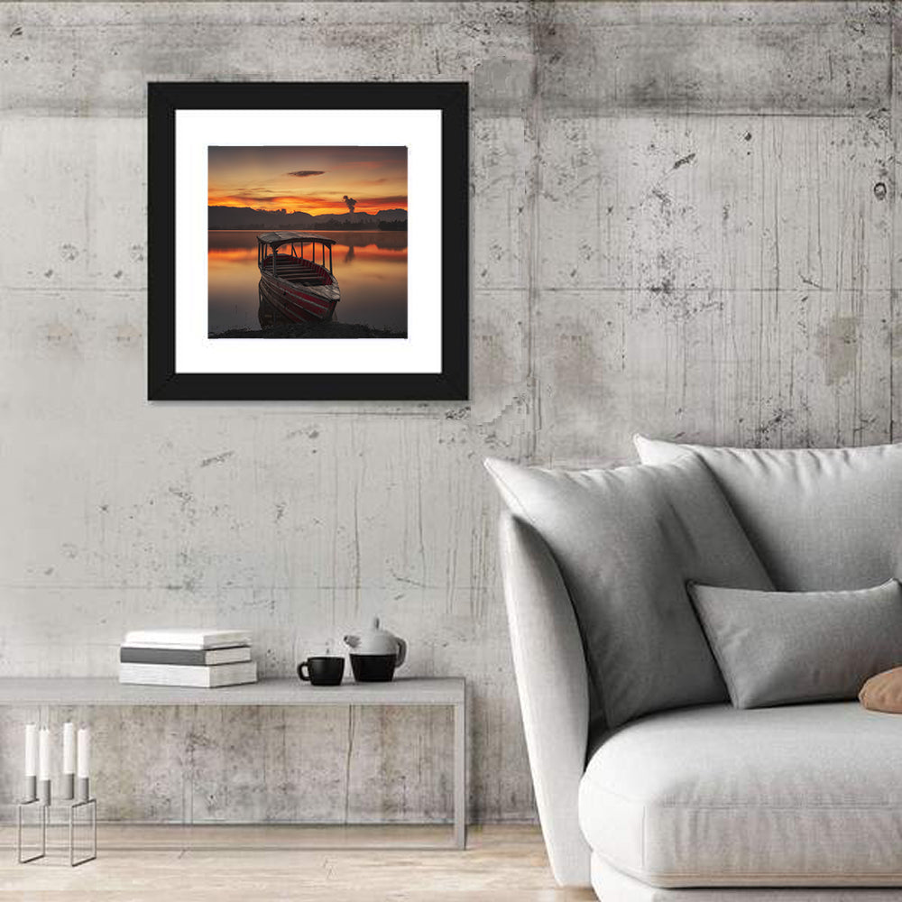 Sunset Fishing Boat on Calm Lake Wall Art
