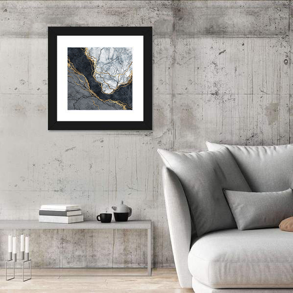 Black Stream Golden Veins Abstract Wall Art in a room, square