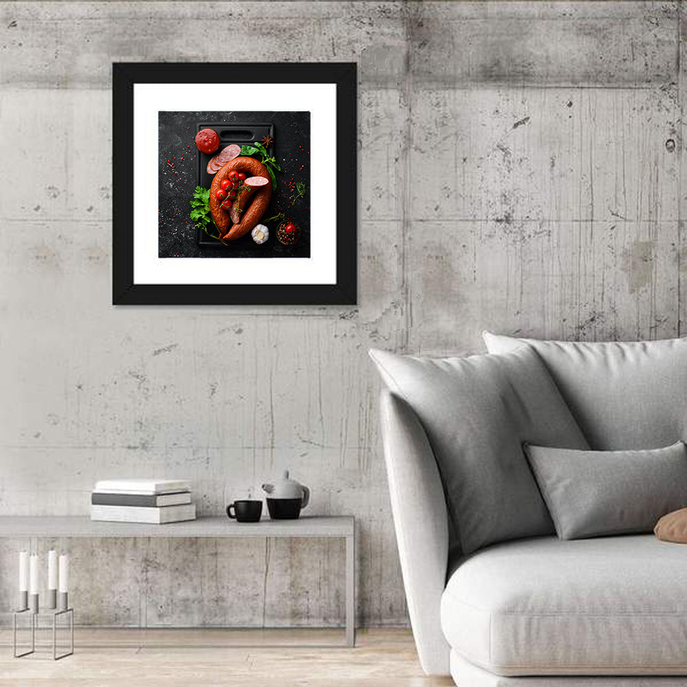 Sausage Ring on Black Cutting Board Wall Art in a room, square