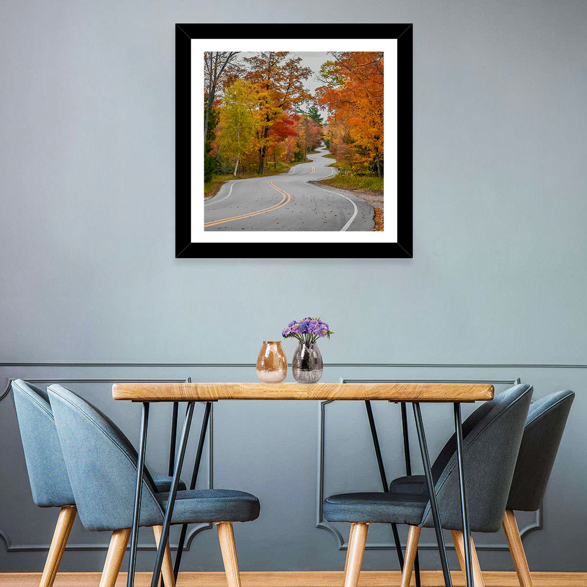 Winding Autumn Highway Wall Art in a room, square