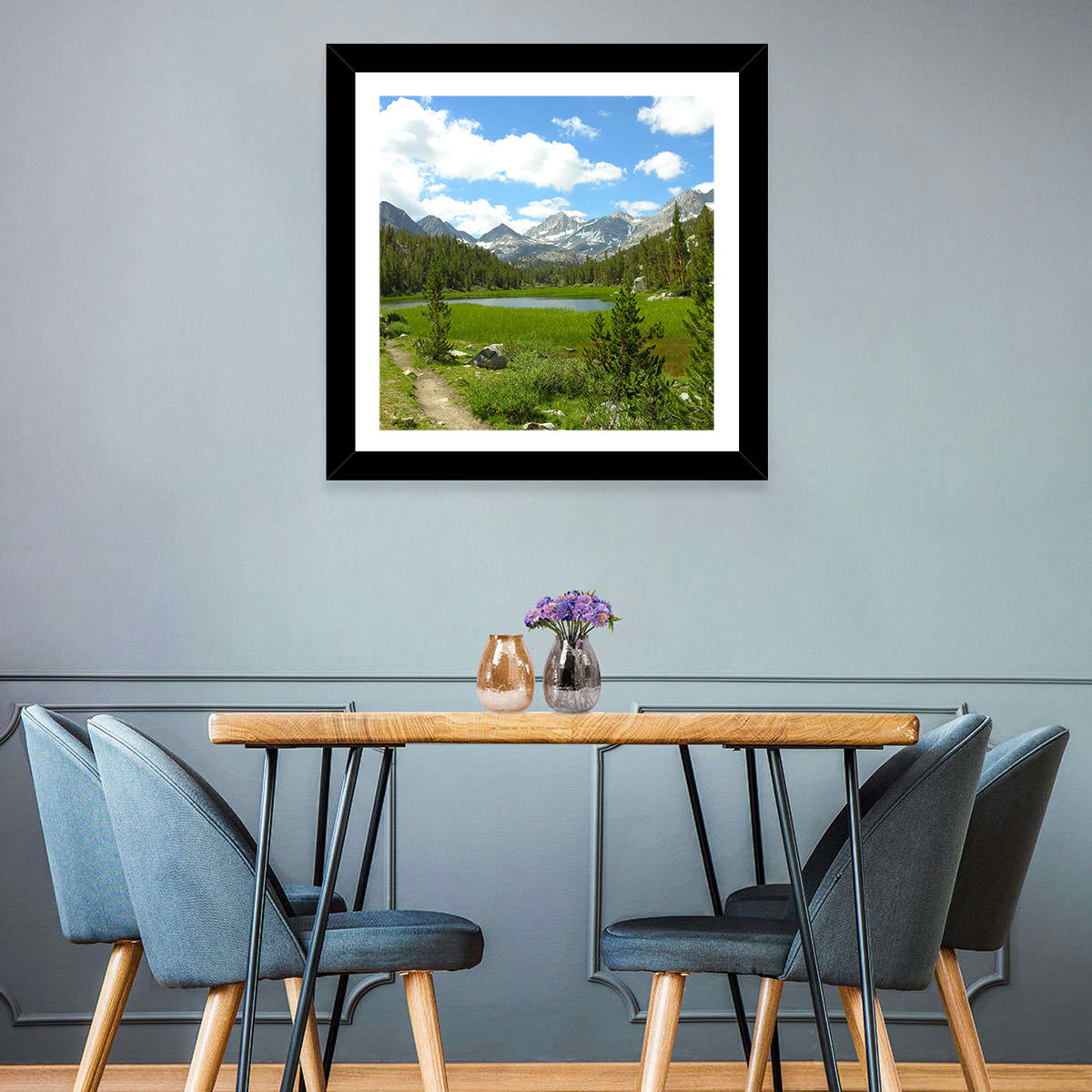 Sierra Nevada Trail to Snow Capped Peaks Wall Art in a room, square