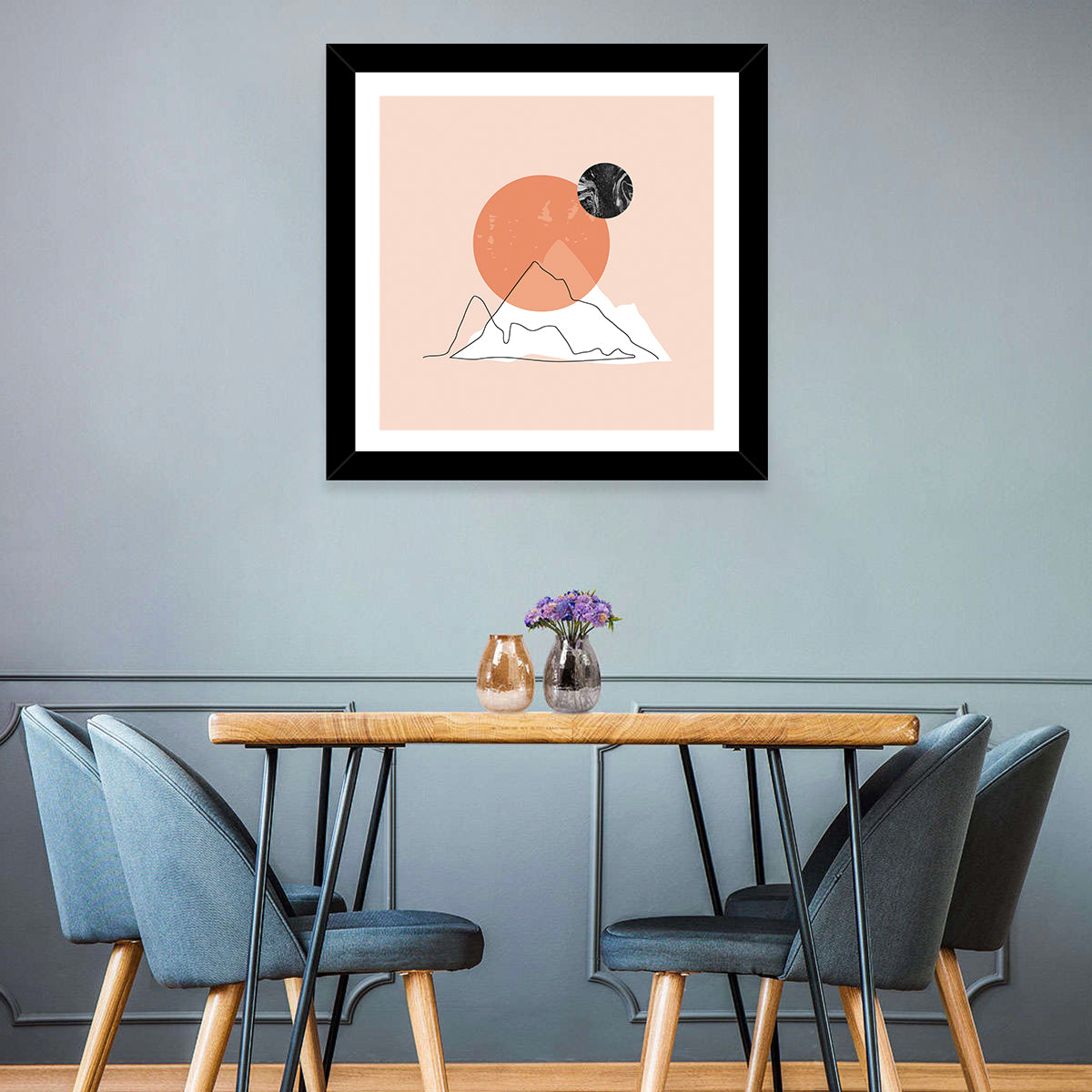 Mountain Peak and Sun Wall Art in a room, square