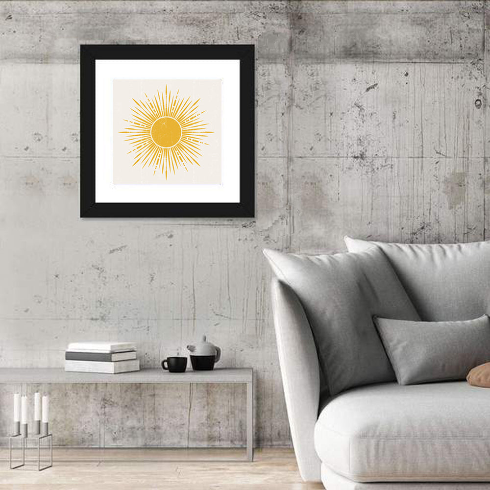 Golden Sunburst Boho Minimalist Wall Art in a room, square