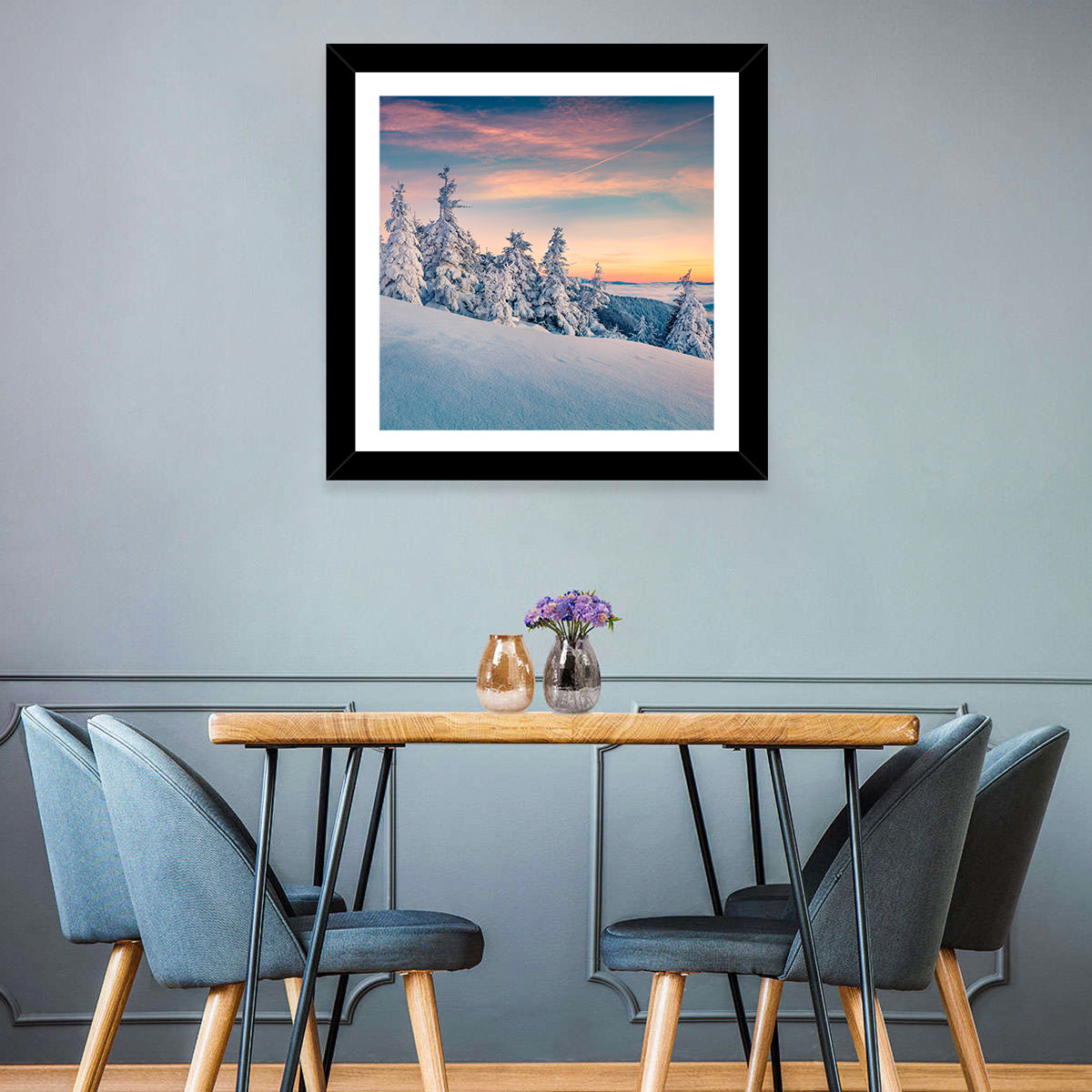 Snowy Carpathian Sunset Wall Art in a room, square