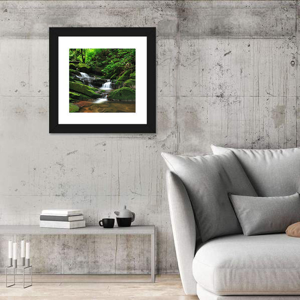 Mossy Rainforest Stream Wall Art in a room, square