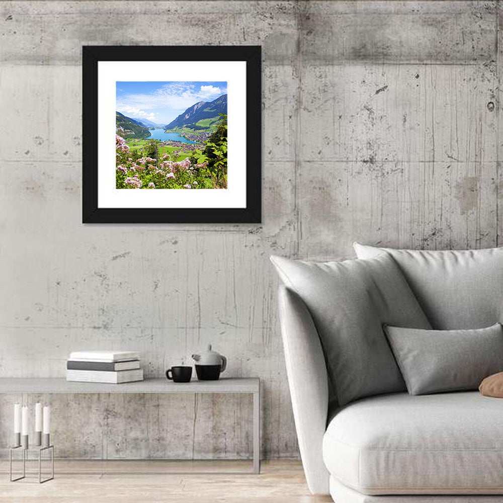 Lungern Village with Wildflowers Wall Art in a room, square