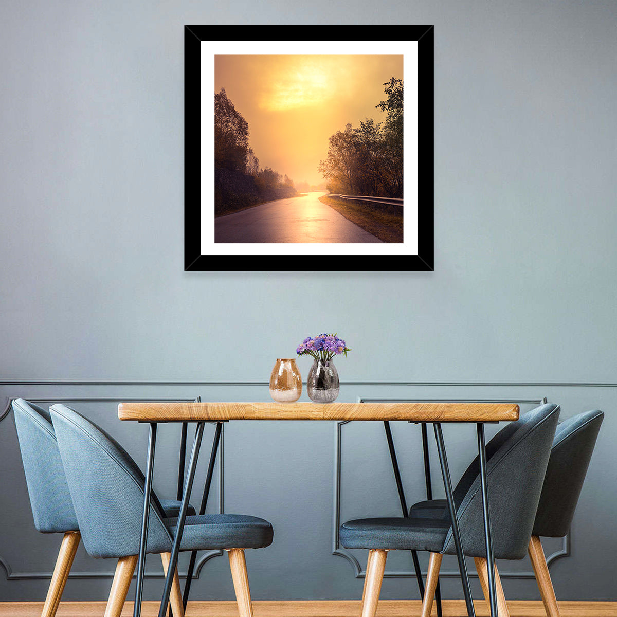 Windy Misty Forest Road Wall Art in a room, square