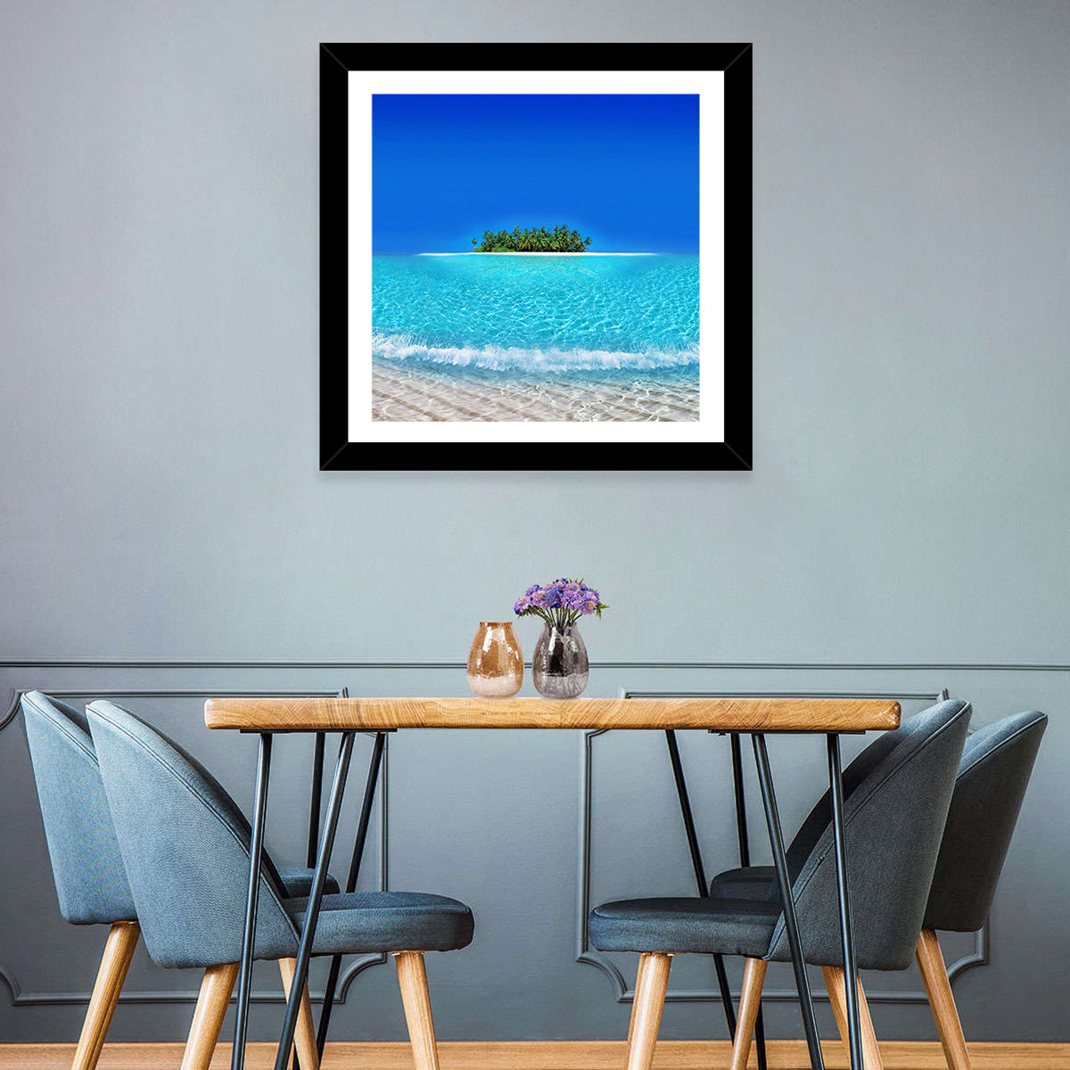 Turquoise Atoll Sandbar with Palm Trees Wall Art in a room, square