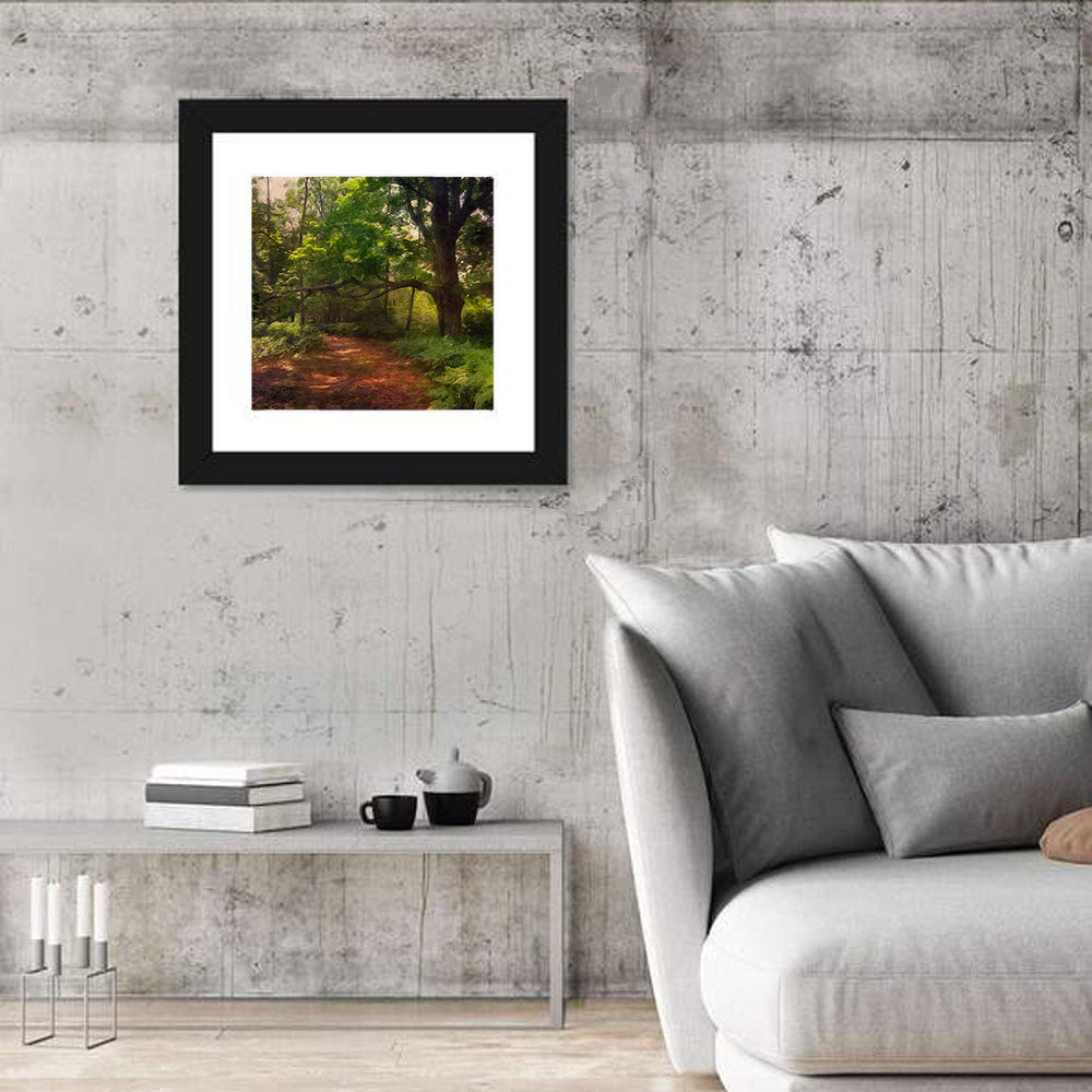 Sunlit Forest Trail Wall Art in a room, square