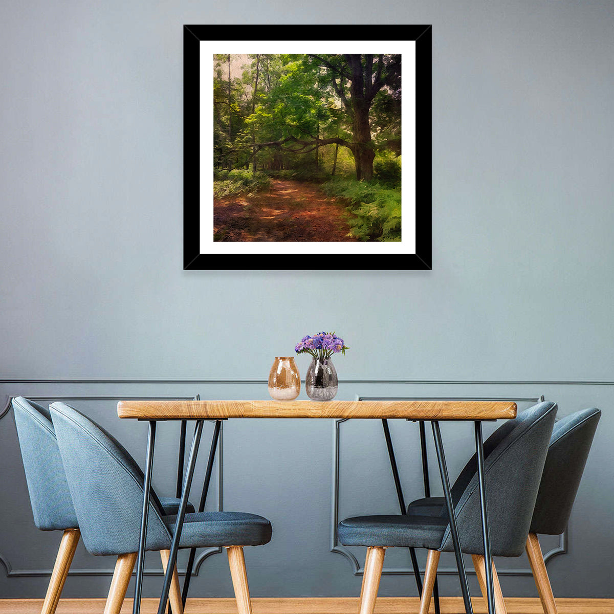 Sunlit Forest Trail Wall Art in a room, square