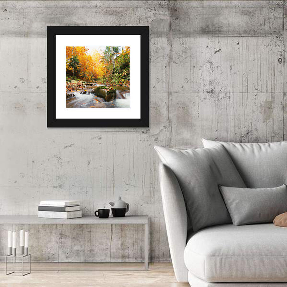 Forest Stream in Autumn Wall Art in a room, square