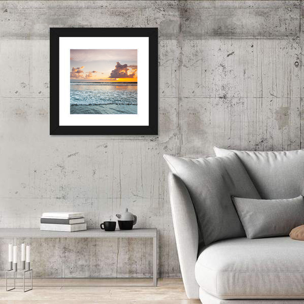 Golden Hour Beach Sunset Surf Wall Art in a room, square
