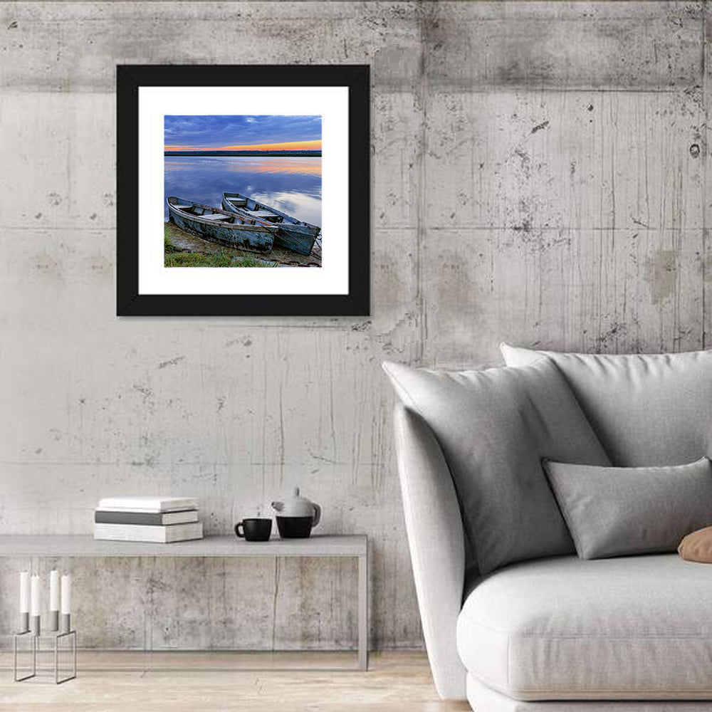 Chained Rowboats at Dusk Wall Art in a room, square
