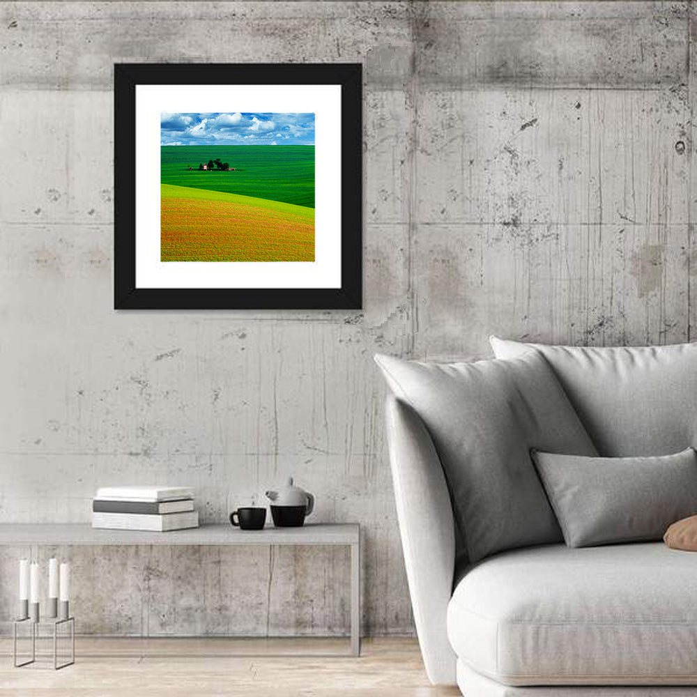 Golden Field and Green Hillside Wall Art in a room, square