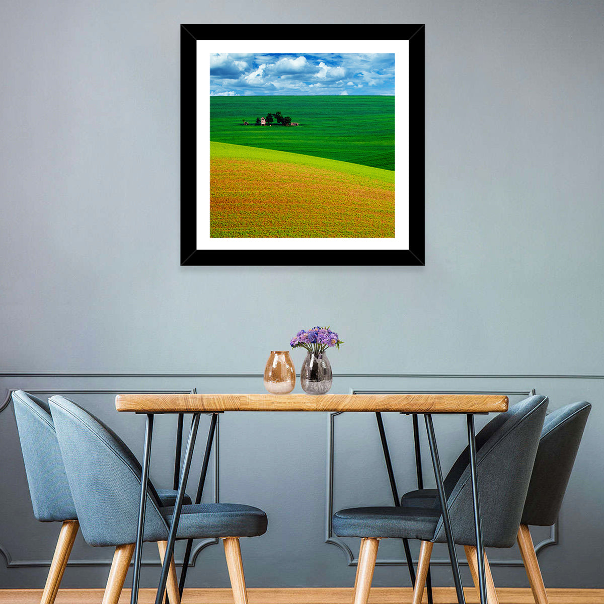 Golden Field and Green Hillside Wall Art in a room, square