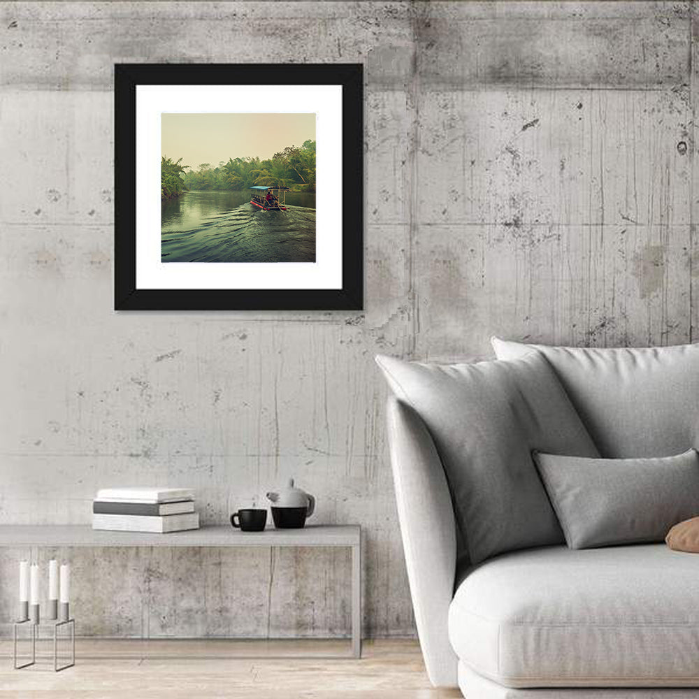 Misty Long-tail Boat on River Kwai Wall Art in a room, square