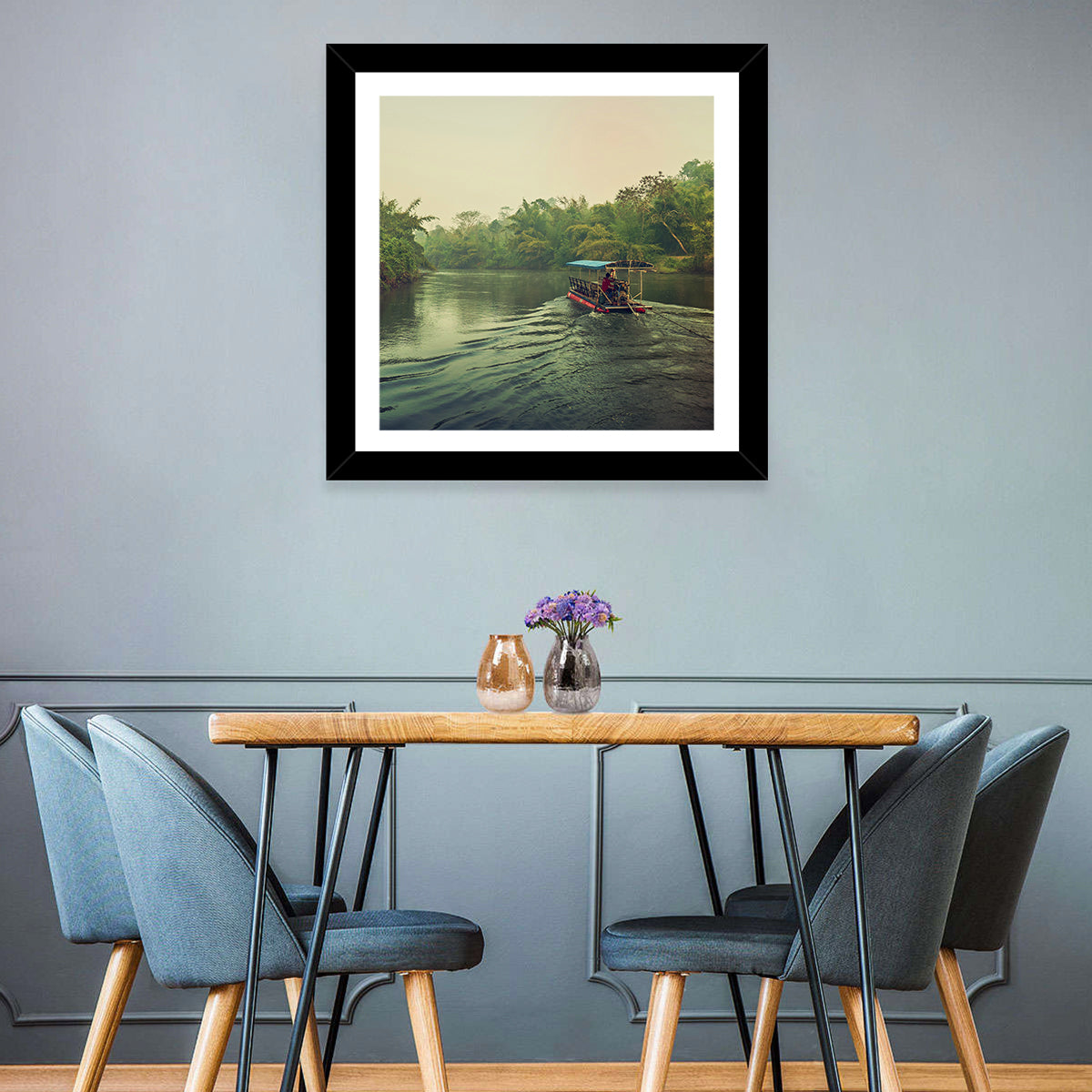 Misty Long-tail Boat on River Kwai Wall Art in a room, square