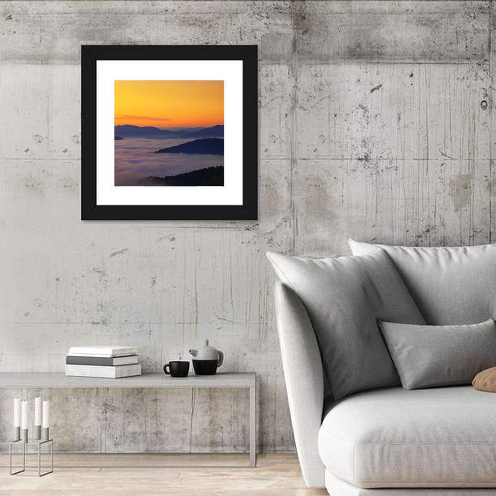Cloud Sea Over Mountains at Golden Dawn Wall Art in a room, square