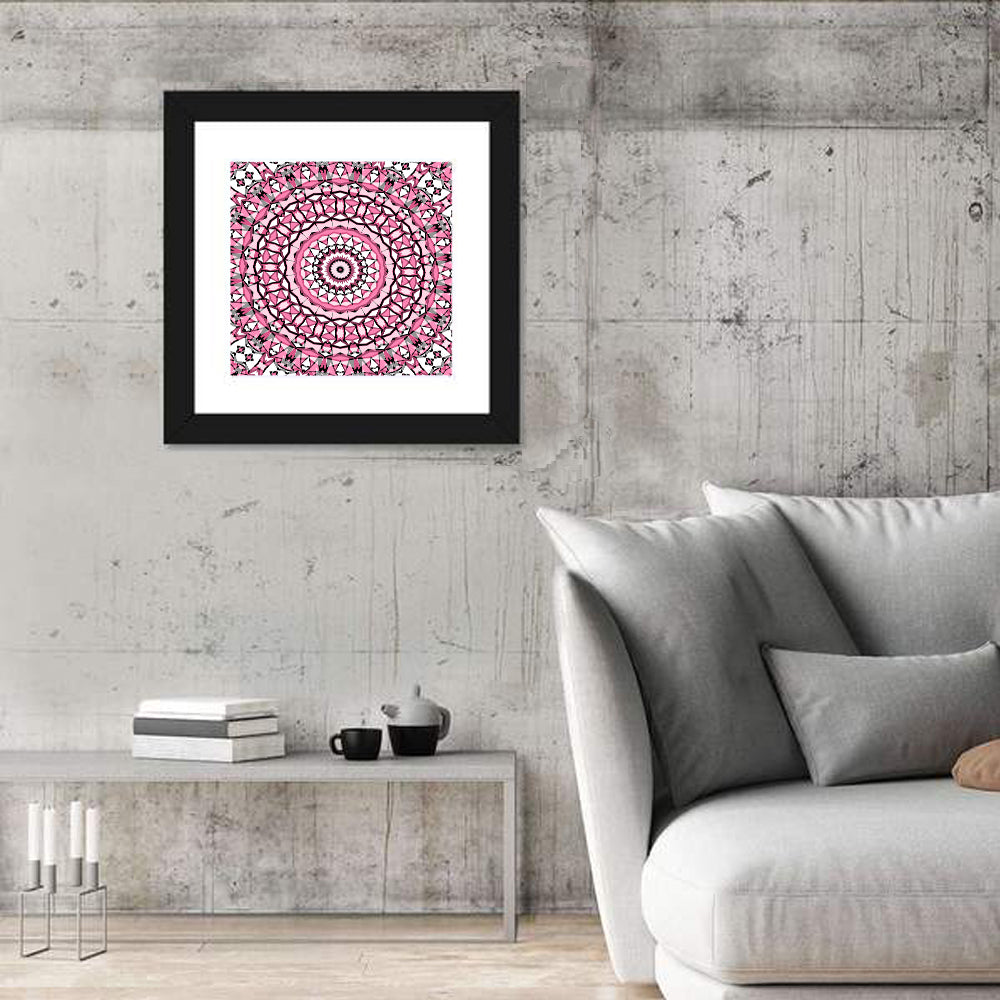Pink Mosaic Kaleidoscope Mandala Wall Art in a room, square